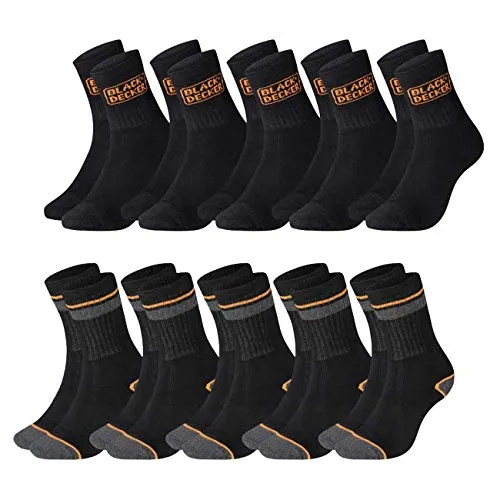 BLACK+DECKER Herren Socken Heavy Fabric Crew 10er Pack Unisex Work Sport Arbeitssocken 39-42 43-46 47-49 50-52 Verstärkte Baumwolle Schwarz, Größe:39-42, Farbe:5 Paar Black/Black & 5 Paar Grey/Black