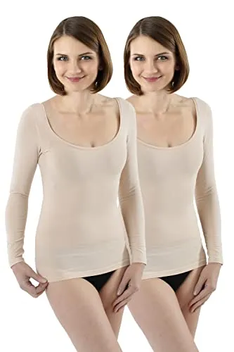 ALBERT KREUZ 2-Pack Unsichtbare Langarm Unterhemden mit tiefem Ausschnitt - Praktisches 2er Set unsichtbarer Damen Langarm-Unterhemden aus feiner Stretch-Baumwolle. Der tiefe Ausschnitt sorgt für einen perfekten Sitz unter Oberbekleidung und höchsten Tragekomfort. Ideal für jede Jahreszeit!
