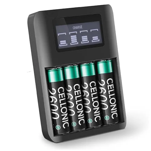 CELLONIC USB Batterieladegerät mit 4x 2600mAh AA Akkus - Ladegeräte für Haushaltsbatterien mit Einzelschachtladung für AA/AAA, LCD-Anzeige für jeden Kanal, sicheres und schonendes Laden für lange Lebensdauer.