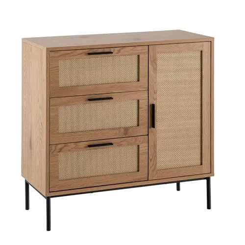 FINEBUY Kommode FB104164 - Moderne Anrichte mit Rattan-Elementen - Türkommode mit stilvollem Eiche-Dekor und Rattan-Geflecht, bietet viel Stauraum mit zwei Türfächern und drei Schubladen, ideal für Wohnzimmer oder Küche.