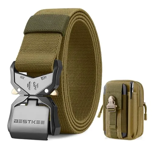 BESTKEE Herren Taktischer Gürtel, Arbeitsgürtel Schwerlast Gürtel, Militärstil mit Schnellverschluss Metallschnalle 38MM Breite, Geschenk mit taktischem Molle Beutel und Haken,Braun