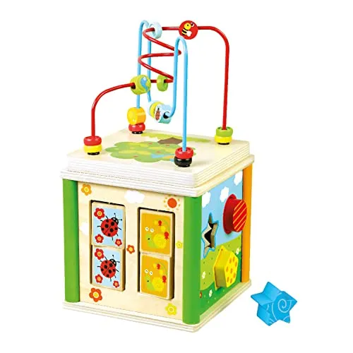 Bino 84213 Motorikwürfel 5in1 - Baby-Activity-Center aus Holz - Spielware für Babys, fördert motorische Fähigkeiten und visuelle Wahrnehmung durch kreative Spiele und Motorikschleifen.