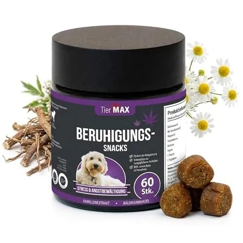 Tiermax Beruhigung Snacks für Hunde (60 Stück) – natürliche Entspannung bei Angst & Nervosität – Beruhigungsmittel mit Baldrian, Kamille & L-Tryptophan – Anti Stress Leckerli mit Rind-Geschmack
