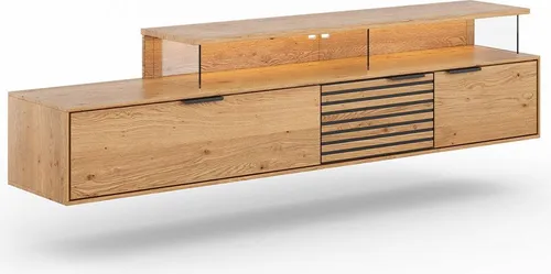 Lowboard Tirano 3-türig aus geöltem Massivholz - Stylisches Lowboard Tirano aus geöltem Massivholz mit einzigartiger Holzmaserung. Ideal für Ihr Wohnzimmer, mit Soft-Close-Funktion und Beleuchtung. Lieferung im zusammengebauten Zustand.