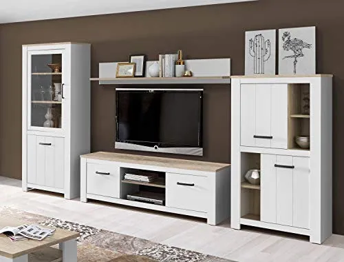Wohnwand Elara Eiche Bianco - Schrankwand Set für Wohnzimmer - TV-Möbel & Schrankwände mit 4 Teilen, 6 Türen und 6 Regalfächern. Stilvolles Landhausdesign in Weiß matt, ideal für ein gemütliches Wohnzimmer.