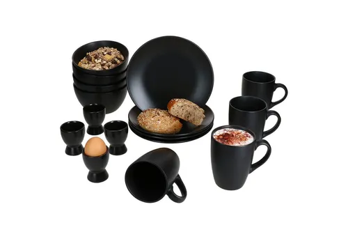 MamboCat Frühstücks-Geschirrset Nero 16tlg - Elegantes Frühstücksset aus mattem Steingut in Schwarz, ideal für stilvolle Frühstücke und gemütliche Brunches.