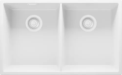 PRIMAGRAN Spülbecken Alles Weiß 76x47cm, Granitspüle 2 Becken + Ablauf-Set, Küchenspüle ab 80er Unterschrank - London Slim Twin S008