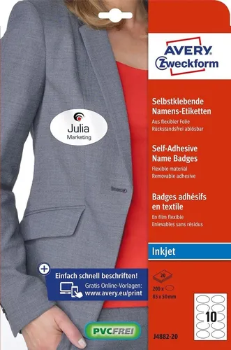 Zweckform Namensetiketten J4882-20, Oval 85x50mm - Selbstklebende, ablösbare Namensetiketten für Inkjetdrucker, ideal zur Kennzeichnung von Stoffen und Teppichen, PVC-frei.