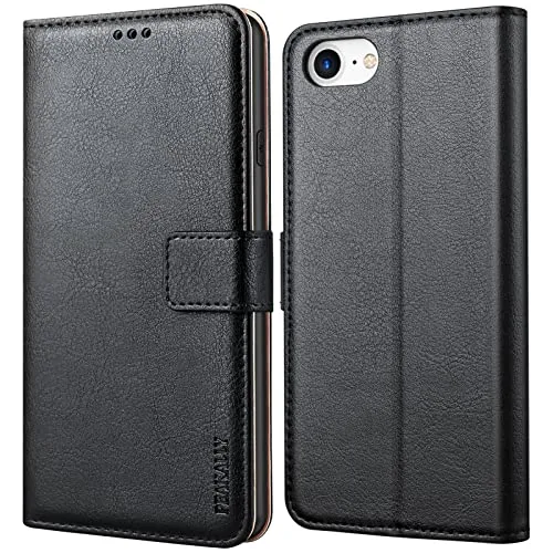 Peakally Handyhülle für iPhone SE 2022/SE 2020/iPhone 8/iPhone 7/iPhone 6S/iPhone 6 Hülle Leder Flip Klappbare Stoßfeste Magnetische [Standfunktion] [Kartenfächern] Schutzhülle- Schwarz