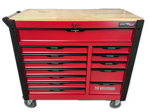 Kraftwelle XXL Werkstattwagen mit 12 Schubläden und 457 Teilen - Robuster Werkstattwagen auf Rädern mit 12 Schubläden. Ideal für die professionelle Nutzung, bietet er viel Stauraum und Sicherheit durch ein integriertes Schloss.