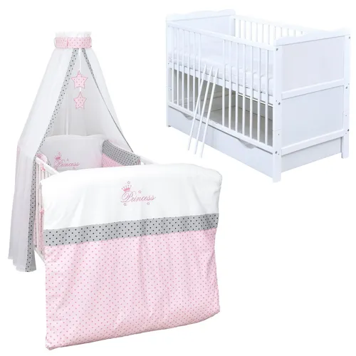 Baby-Delux Babybett Kinderbett Jack 140×70 weiß inkl. Schublade Bettwäsche komplett Set Princess Stars