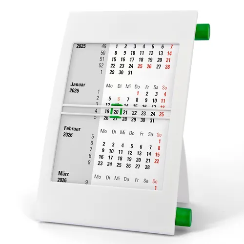 3-Monats-Tischkalender für 2026 & 2027 mit Drehmechanik - weiß/grün