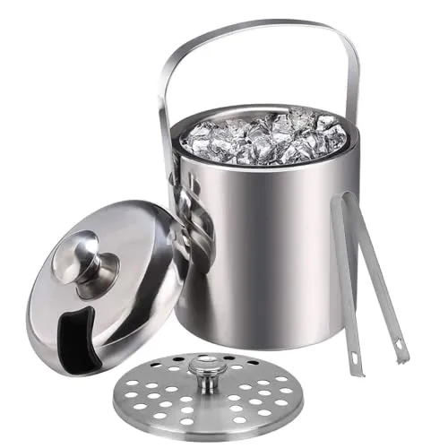 Emsmil Eiseimer mit Deckel Zange und Sieb 3L Eiskübel Edelstahl Eisbehälter Sektkühler Eiswürfelbehälter Eiskühler Eiswürfelkühler Ice Bucket für Party Restaurant Picknick Bier Champagner Wein