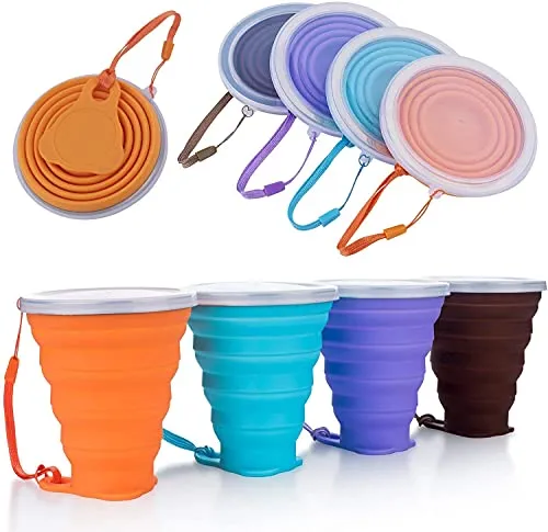 DEHUB Faltbare Tasse Silikon, Versenkbare Zusammenklappbare Reisebecher, 270ml Leichtbecher mit Größerem Fassungsvermögen für Camping-Wanderungen Im Freien (Multicolor,4 Stück)