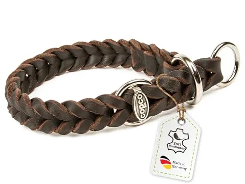 CopcoPet Hundehalsband Würger 35–40 cm x 15mm Braun – Geflochtenes Halsband mit Zugstopp & verchromtem Ring – Aus robustem Fettleder – Für kleine Hunde – Weiches Lederhalsband fürs Training