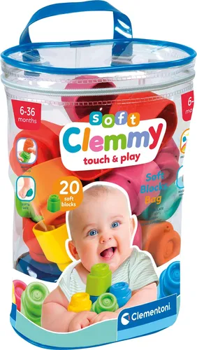 Clementoni Soft Clemmy Bausteine im Beutel 17877  20 weiche Baukltze fr Babys & Kleinkinder ab 6 Monaten  Sensorik-Spielzeug zum Stapeln & Greifen  Waschbar & sicher  Geschenkidee Baby