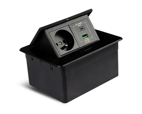 WOPLUS Versenkbare Einbausteckdose Mini USB-A & USB-C - Platzsparende Mini Einbausteckdose für moderne Arbeitsplätze. Mit 1x Schuko-Steckdose und dualem USB-Port in elegantem Schwarz für eine cleane Optik und einfache Nutzung. Ideal für Küchen und Büros.