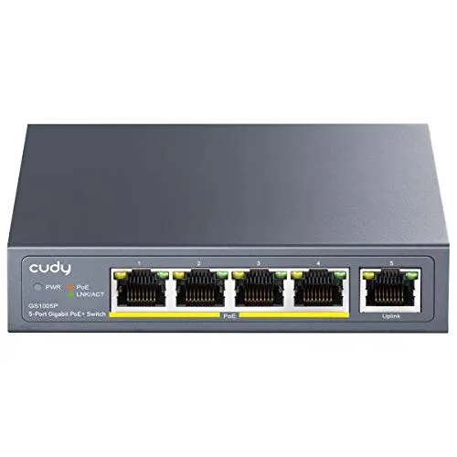 Cudy GS1005P Gigabit Ethernet Switch 5 Poe+ 60W Ports, 4 Ports 10/100/1000Mbps Poe+, Switch Unmanaged, Keine zusätzliche Stromversorgung, 802.3af/at