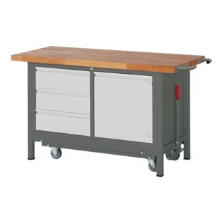 STIER Premium Werkbank mit absenkbarem Fahrgestell, 3 Schubladen und 1 Flügeltür - Sonstige Werkzeuge - Mobile Premium Werkbank mit hoher Belastbarkeit bis 1250 kg, ideal für Werkstatt und Produktion. Robuste Massiv-Buche Arbeitsplatte und praktisches Fahrgestell für einfachen Transport.