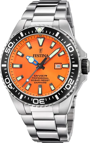 Festina Klassische Uhr F20663/4 - Hochwertige Herren Armbanduhr mit silbernem Edelstahlgehäuse, orangefarbenem Ziffernblatt und Wasserdichtigkeit bis 20 bar - ideal zum Schnorcheln und Freitauchen.