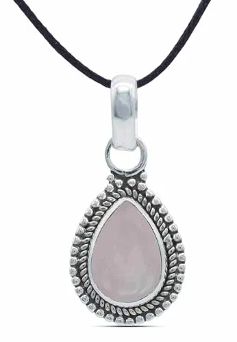 mantraroma Kettenanhänger 925 Silber Rosenquarz rosa Stein Edelstein Kettenanhänger Damen Sterling Silber Halskette Anhänger Geschenk (MAH-065-07)