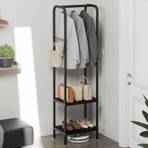 Garderobenständer aus Metall, kleiner Garderoben- und Schuhständer, freistehender Kleiderständer mit Metallregalen und Haken, Kleiderstange für Schlafzimmer, Eingangsbereich, Büro, Flur, kleine
