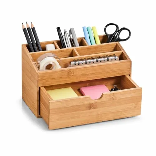 hausleben Schreibtisch Organizer aus Bambus – 6 Fächer mit Schublade für Büro & Home Office