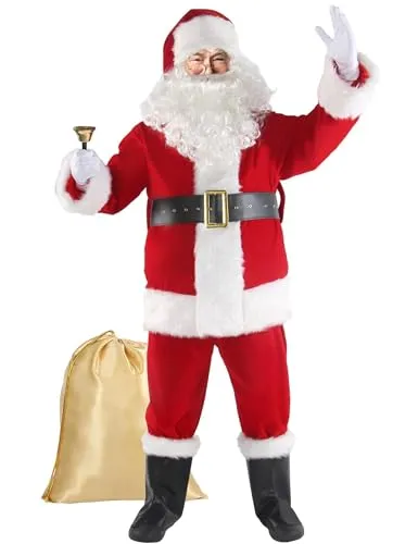 Boveco Weihnachts Weihnachtsmann Kostüm für Herren und Erwachsene, 11-teilig, Deluxe Samtanzug Outfit Weihnachten Weihnachtsmann Urlaub Party Cosplay S