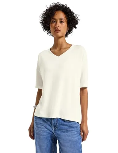 STREET ONE T-Shirt mit V-Ausschnitt im Strick-Look, Gr. 36, off white - Stylisches T-Shirt für Frauen in hüftbedeckendem Schnitt, ideal für legere Looks. Das Strickmaterial sorgt für Wärme und hohen Tragekomfort.