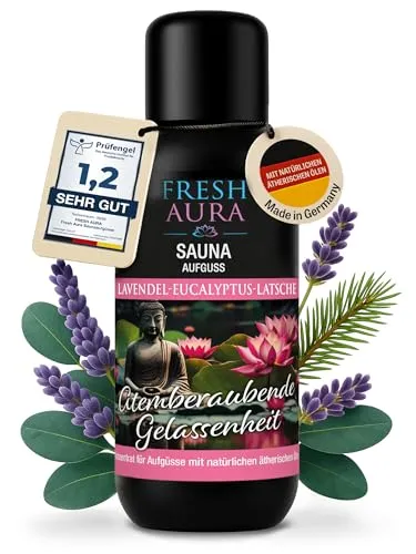 FRESH AURA Saunaaufguss – Sauna Aufgussmittel mit Lavendel, Eukalyptus, Latsche – Sehr ergiebiger und langanhaltender Saunaduft mit natürlichen ätherischen Ölen | Made in Germany (100ml)