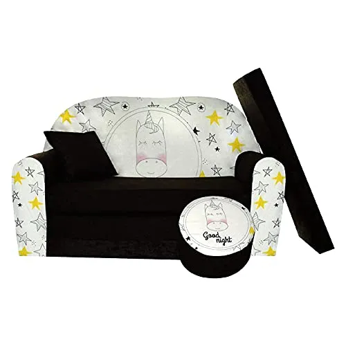 FORTISLINE Kindersitzgruppe mit Aufklappfunktion - Sitzgarnitur mit 2-Sitzer Kindersofa und Hocker, ideal für Spiel und Schlaf. Bequeme Mikrofaser-Oberfläche, leicht zu reinigen und mit extra Kissen für optimalen Komfort.