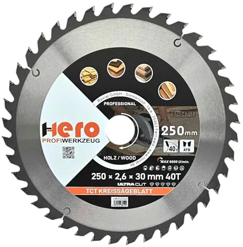 HERO Kreissägeblatt Hartmetall Sägeblatt TCT Ersatzsägeblatt Sägeblätter Kreissäge Holz/ALU Kreissägeblätter Tischkreissäge, Kappsäge (Für Holz/Holzwerkstoffe, Ø 250 x 30/20mm, 40T)