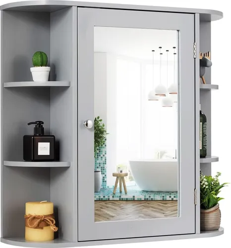 GOPLUS Spiegelschrank Holz mit Ablagen und Spiegel, 66 x 63 x 16,5 cm (Grau) - Eleganter Spiegelschrank aus robustem MDF mit 6 offenen Fachböden und 4 Ablagen. Ideal für die tägliche Nutzung im Bad, sorgt für Ordnung und bietet einen großen Spiegel für den täglichen Check.