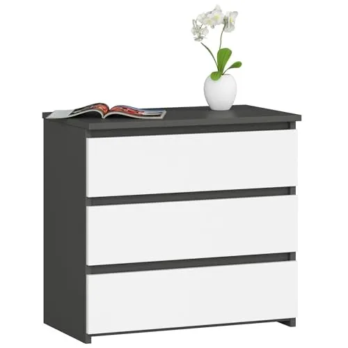 AKORD Kommode CL-3 mit 3 Schubladen | für das Wohnzimmer Schlafzimmer Schrank Büro Arbeitszimmer | Modernes Funktionales Design | B60 x H57 x T35 cm, Gewicht 26 kg | Graphitgrau | Weiß