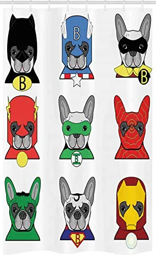 ABAKUHAUS Superheld Schmaler Duschvorhang, Cartoon Bulldog Art, Badezimmer Deko Set aus Stoff mit Haken, 120 x 180 cm, Grau Grün