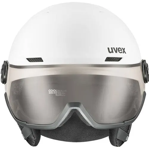 Uvex Wanted Visor Pro V Helm - Weiß Matt, 54-58 cm - Herren & Unisex Skihelme mit selbsttönenden Scheiben für optimale Sicht und extrem schlagfester ABS-Hartschale für zuverlässigen Schutz. Perfekt für unvergessliche Skitage!