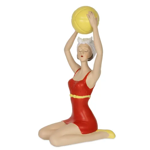 Dekofigur Frau mit gelbem Ball im roten Badeanzug - Vintage Flair - Charmante Resinfigur im Retro-Stil, 22,5 cm groß, ideal für eine stilvolle Dekoration und ein echter Blickfang in jedem Raum.