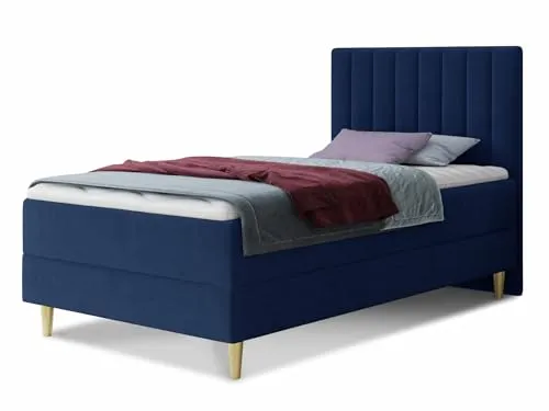 Boxspringbett Gold Mini - Einzelbett mit Bettkasten und Topper - Elegantes Polsterbett in Blau mit Goldfüßen, ideal für Schlafzimmer oder Jugendzimmer. In verschiedenen Größen erhältlich und mit Bonell-Matratze für optimalen Schlafkomfort.