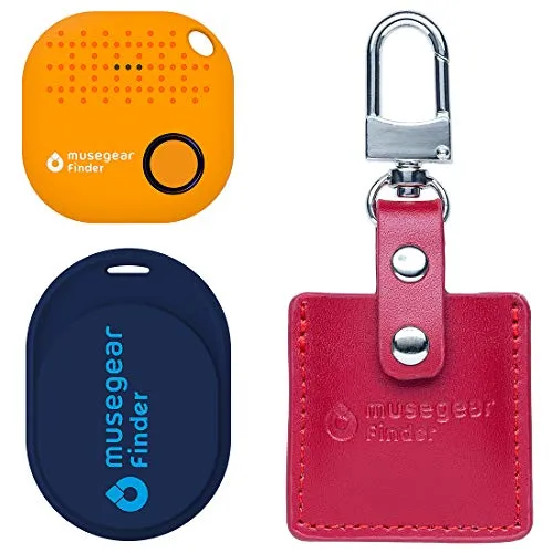 musegear Essentials: Schlüsselfinder mit Bluetooth App aus Deutschland I Special Bundle: Finder mini dunkelblau, Finder 2 orange, Finder 2 in Ledertasche Bordeaux I Maximaler Datenschutz