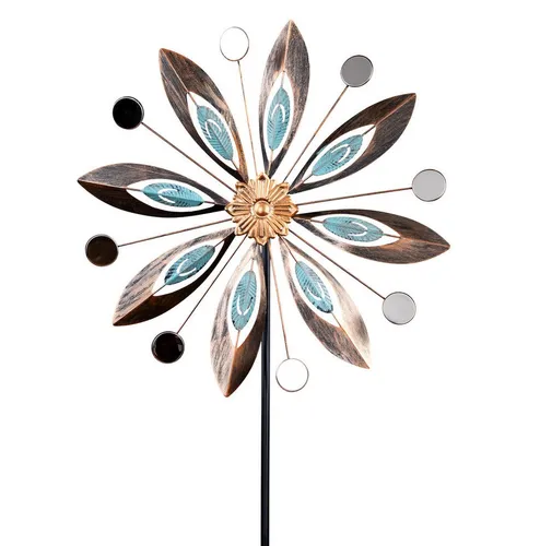 Levandeo® Deko-Windrad, Gartenstecker Metall mit Spiegel-Elementen - Imposanter Gartenstecker aus Metall mit antikbraunem Design und türkisen Akzenten. Das Windrad sorgt für faszinierende Lichtreflexe und ist einfach zu montieren. Ideal für elegante Akzente im Garten!