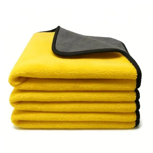 Kemes Mikrofasertücher Auto 3 Stück 600 GSM | Trockentuch 4-Fach Saugstark Poliertuch Autowäsche Autopflege und Haushalt Microfasertuch zum Polieren | 30x30 cm (Gelb)