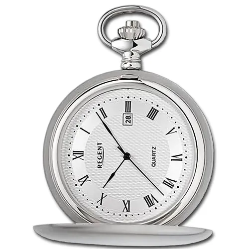 Regent Herren Taschenuhr Savonnette Edelstahl 48 MM Quarz - Elegante Taschenuhr aus Edelstahl mit Quarzwerk und römischen Zahlen, ideal für stilbewusste Herren. Perfekt als Geschenk in einer edlen Box.