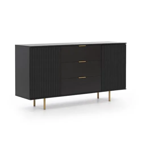 Lomadox Sideboard Kommode 150cm in schwarz matt, Front mit Rillenoptik, Goldfarbene Griffe und Füße