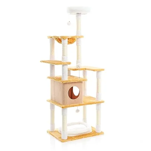 Fudajo Kratzbaum in Weiß/Braun 164 cm hoch - Aktivitätskratzbaum mit geräumigem Katzenhaus und bequemer Liegemulde, bietet Ihrer Katze einen komfortablen Rückzugsort und fördert gleichzeitig die Krallenpflege.