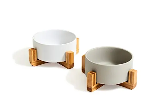 PiuPet® Hundenapf mit Ständer - 2X Napf für Hunde & Katzen 850ml - Fressnäpfe für Hunde, ergonomisches Design mit Bambusgestell für maximalen Komfort und rutschfesten Halt, spülmaschinenfest und aus hochwertigem Keramikmaterial.