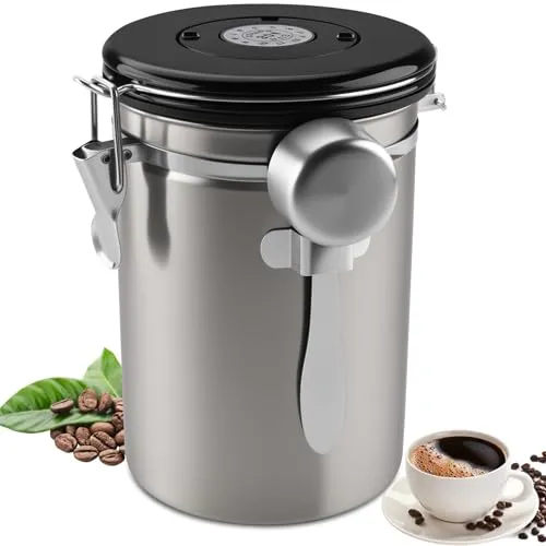 Foydream Kaffeedose Luftdicht, 1,8L Kaffeebohnen Behälter 304 Edelstahl mit Datumsverfolgung und Messlöffel für Mahl, Bohnen, Tee, Mehl, Getreide und Zucker Weiß (Grau)