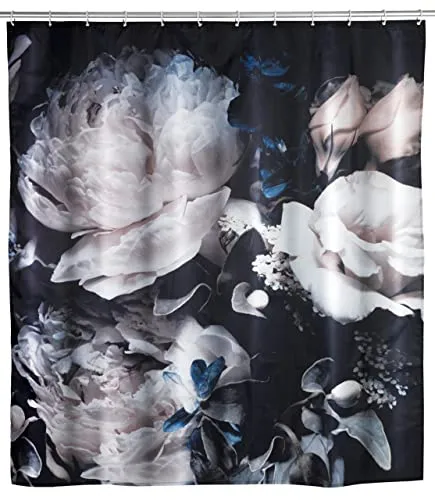 WENKO Anti-Schimmel Duschvorhang Peony, Textil-Vorhang mit Antischimmel Effekt fürs Badezimmer, waschbar, wasserabweisend, mit Ringen zur Befestigung an der Duschstange, 180 x 200 cm