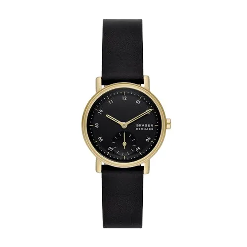 Skagen Kuppel Uhr für Damen, Quarzwerk mit Edelstahl- oder Lederarmband, Schwarz und Goldton, 32MM