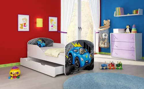 ACMA I Jugendbett Kinderbett Junior-Bett Komplett-Set mit Matratze Lattenrost Weiß 05 Weiße Auto 140x70 + Bettkasten