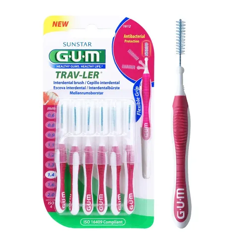 GUM Trav-Ler Interdentalbürsten 6er, pink, 1,4 mm, ISO 4 - Praktische Interdentalbürsten für gezielte Reinigung zwischen den Zähnen. Ideal für die tägliche Mundpflege, inklusive Schutzkappen für hygienische Aufbewahrung.